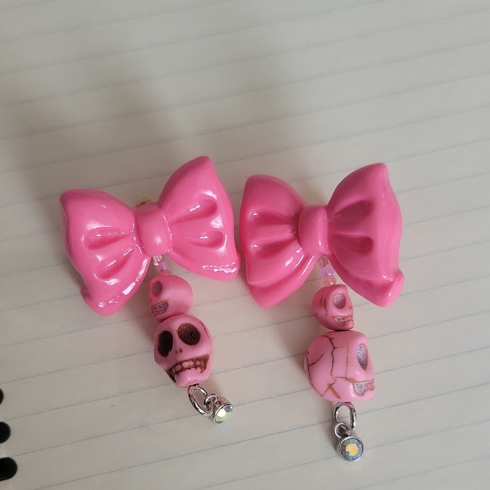 Pink Bow and Skull Dangle Earrings